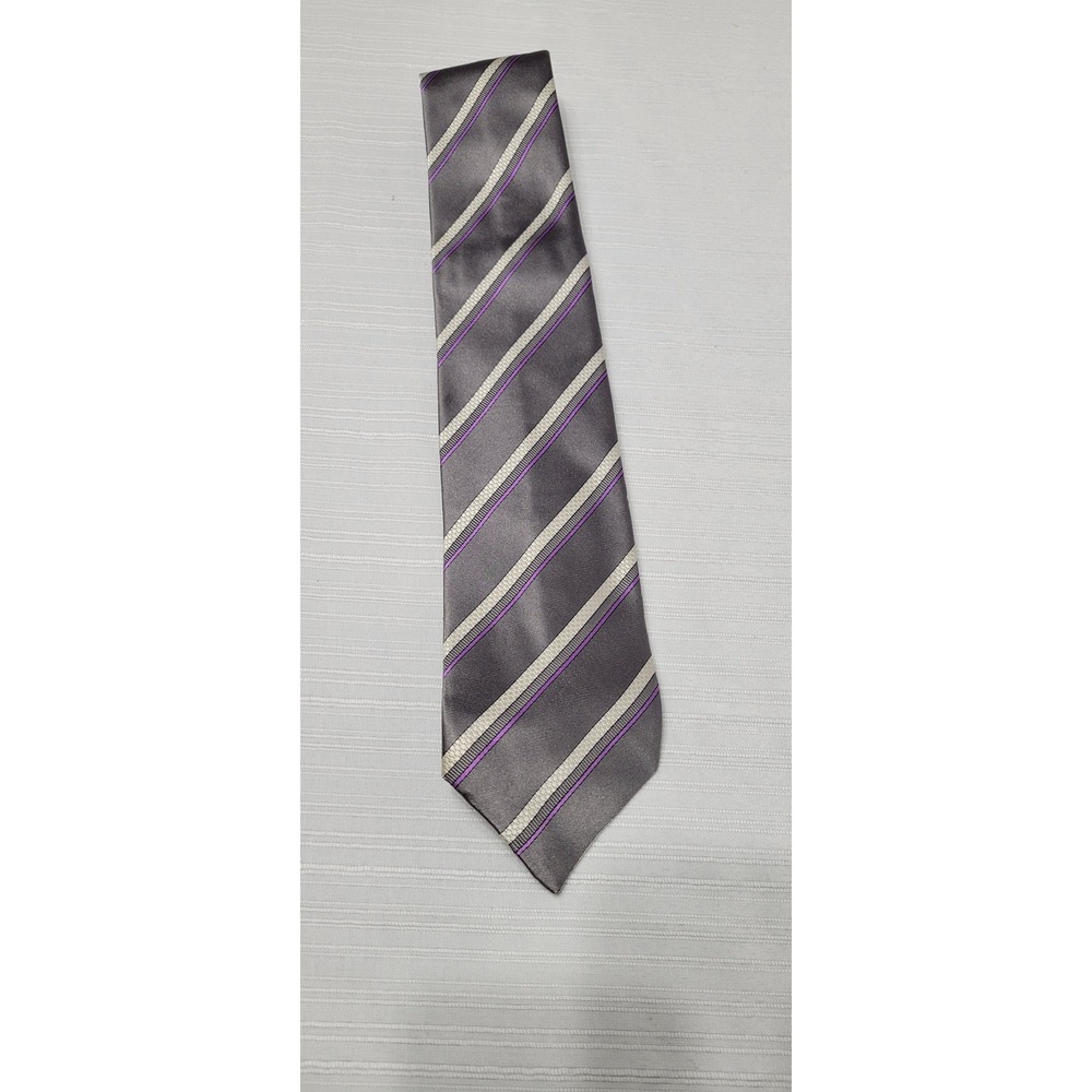 Geoff Nicholson Mens Silk Tie Grey Purple Cream Striped Made in Italy